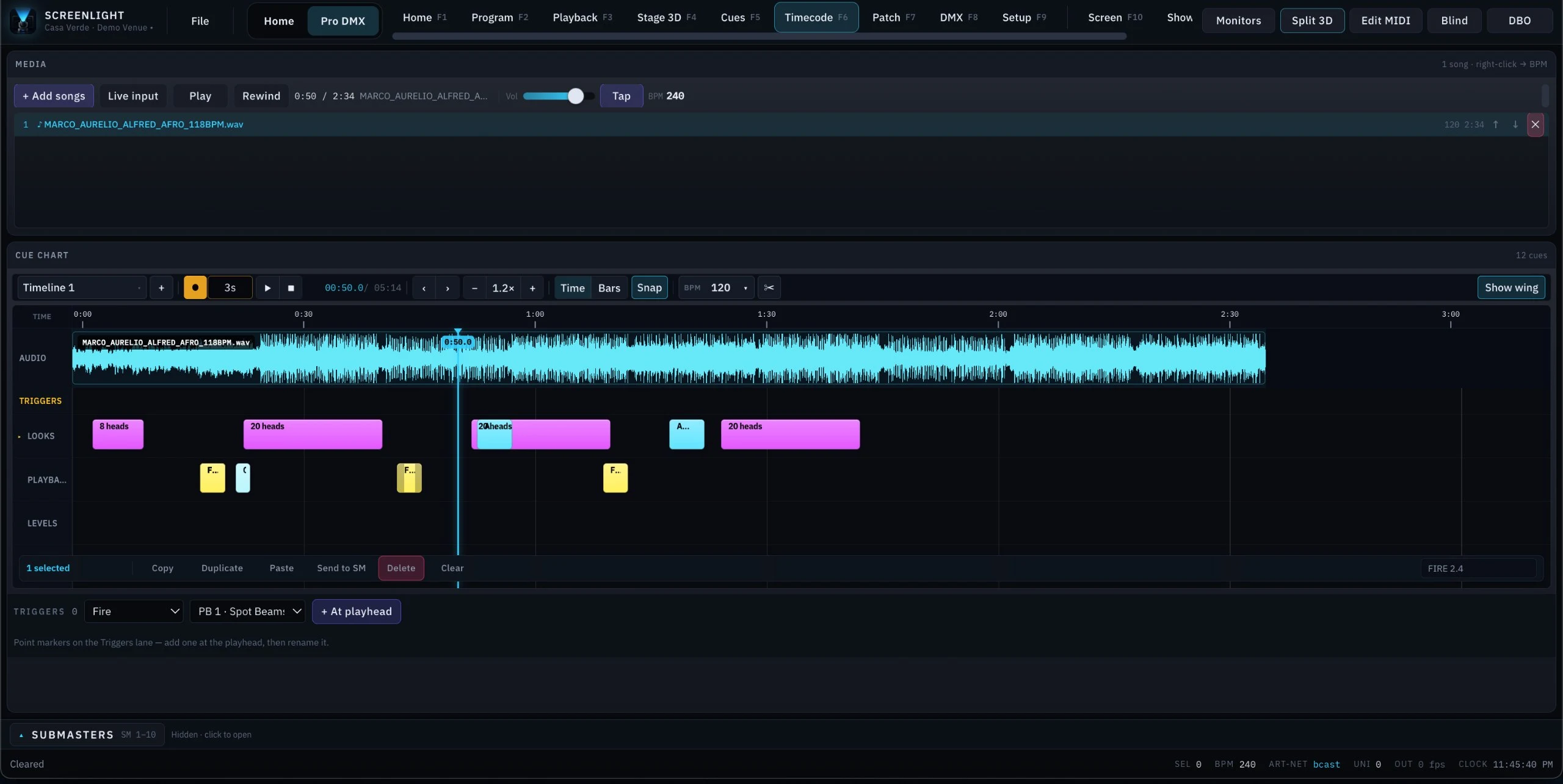 ScreenLight Timecode: a loaded track with tap tempo above a cue chart showing the audio waveform and separate Triggers, Looks, Playback and Levels lanes, with snap and a time-or-bars ruler.